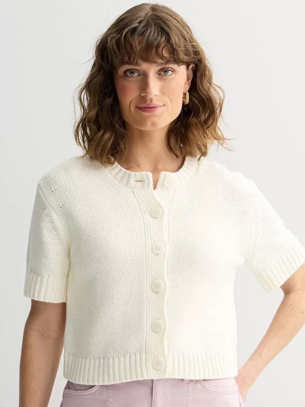 Sonoma Goods For Life XL Short Sleeve Cardigan Sweater in Ivory Silk Button Down